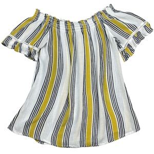 Dex White Yellow Black Stripe on off shoulder Boat Neck Short Sleeve Top M